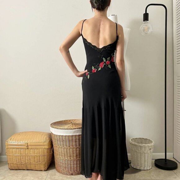 Vintage Sue Wong Silk Beaded Red Rose Embroidered Lace Maxi Dress size 6 Y2K - Picture 12 of 13